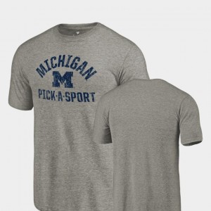 Michigan Wolverines T-Shirt Men's Gray Tri-Blend Distressed Pick-A-Sport