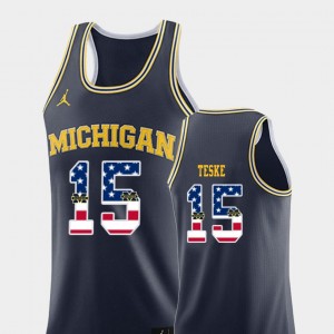 Michigan Wolverines Jon Teske Jersey For Men's #15 Navy College Basketball USA Flag