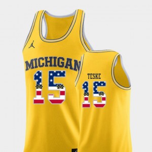 Michigan Wolverines Jon Teske Jersey USA Flag Men #15 College Basketball Yellow