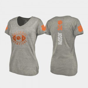Clemson Tigers Kendall Joseph T-Shirt #34 Gray For Women's College Football Playoff V-Neck 2018 National Champions