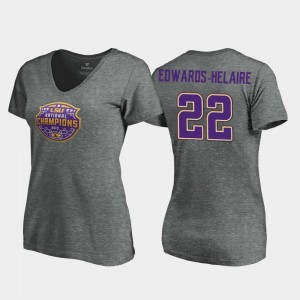 LSU Tigers Clyde Edwards-Helaire T-Shirt Ladies 2019 National Champions V-Neck Visor #22 Heather Gray