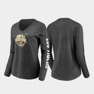 LSU Tigers T-Shirt Heather Charcoal Ladies Stiff Arm Long Sleeve V-Neck 2019 Peach Bowl Bound