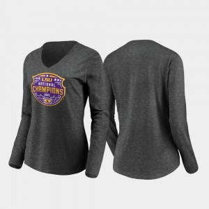 LSU Tigers T-Shirt Encroachment Long Sleeve V-Neck Heather Gray 2019 National Champions For Women's