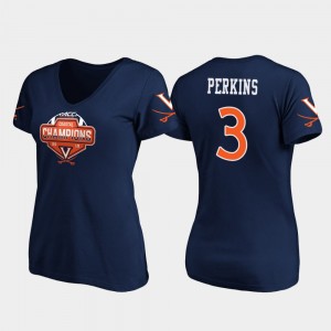 Virginia Cavaliers Bryce Perkins T-Shirt #3 Women's Navy 2019 ACC Coastal Football Division Champions V-Neck
