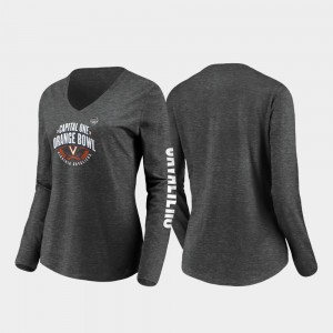 Virginia Cavaliers T-Shirt 2019 Orange Bowl Bound For Women Heather Charcoal Stiff Arm Long Sleeve V-Neck