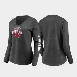 Wisconsin Badgers T-Shirt 2020 Rose Bowl Bound Stiff Arm Long Sleeve V-Neck Heather Charcoal For Women's